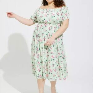 TORRID Retro Chic Floral Gingham Midi Gauze Puff Sleeve Dress Green Pink 1 1X
